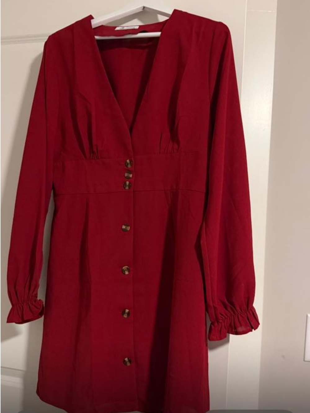Red Long-Sleeve Button-Front Women's Dress